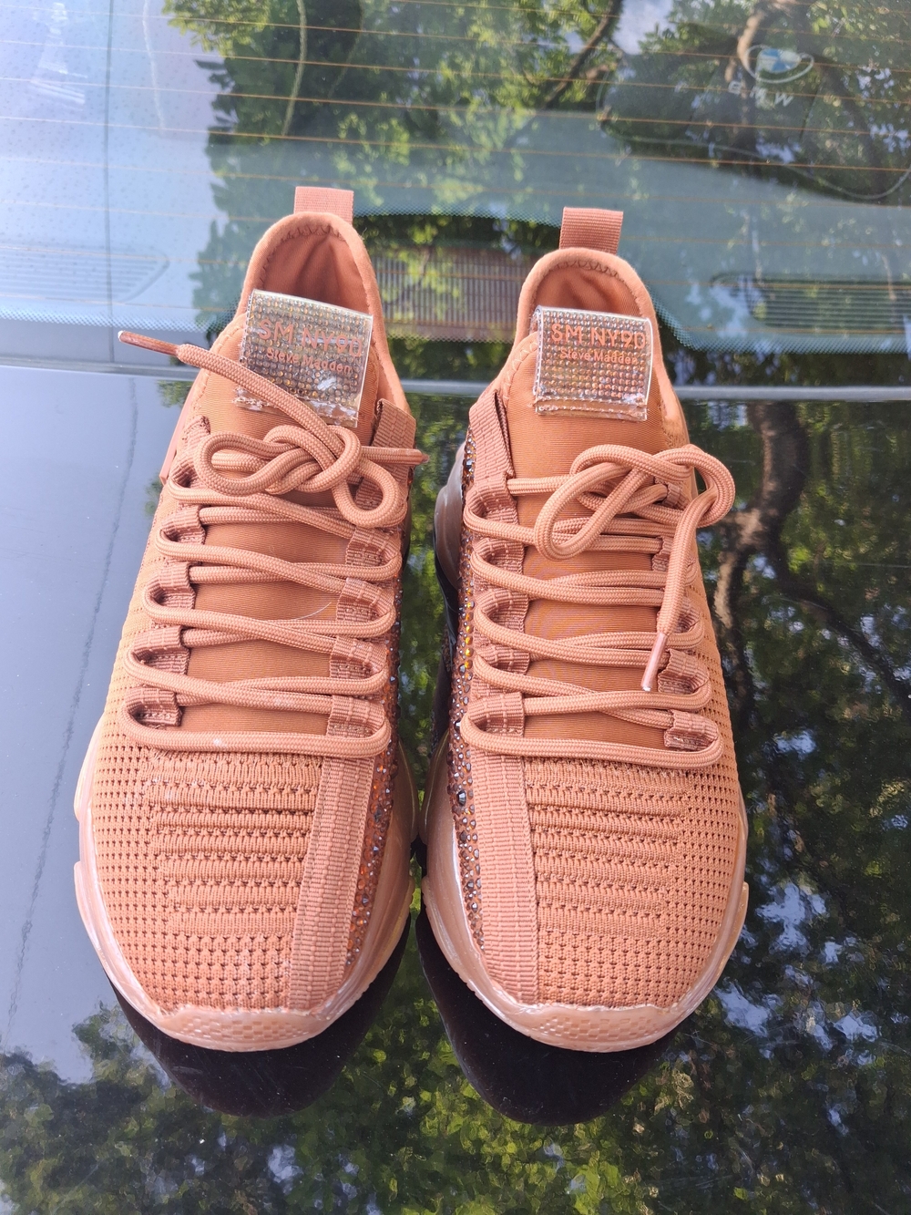 Steve Madden Peach Knit Lace-Up Sneakers with Glitter Accents